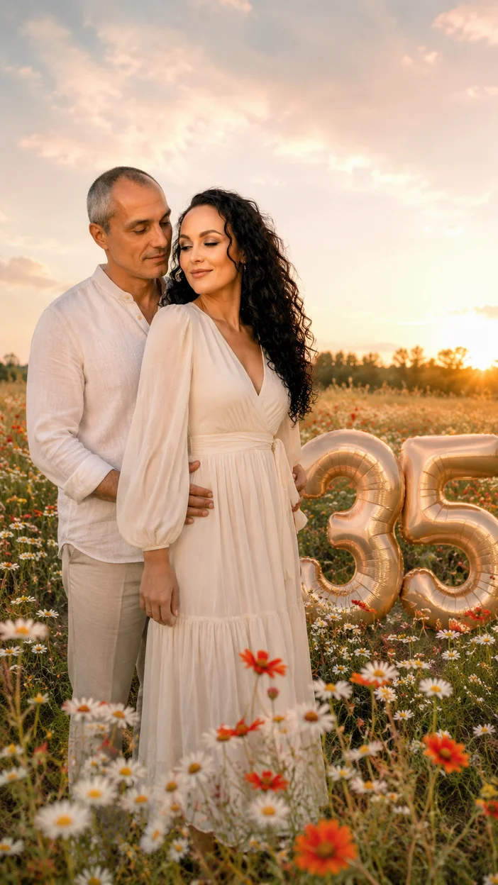 Фотосессия в цветочном поле на закате с шарами 35