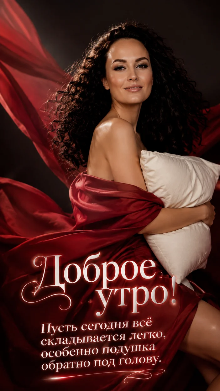 Фотооткрытка для всех с текстом "Доброе утро! Пусть сегодня всё складывается легко, особенно подушка обратно под голову."