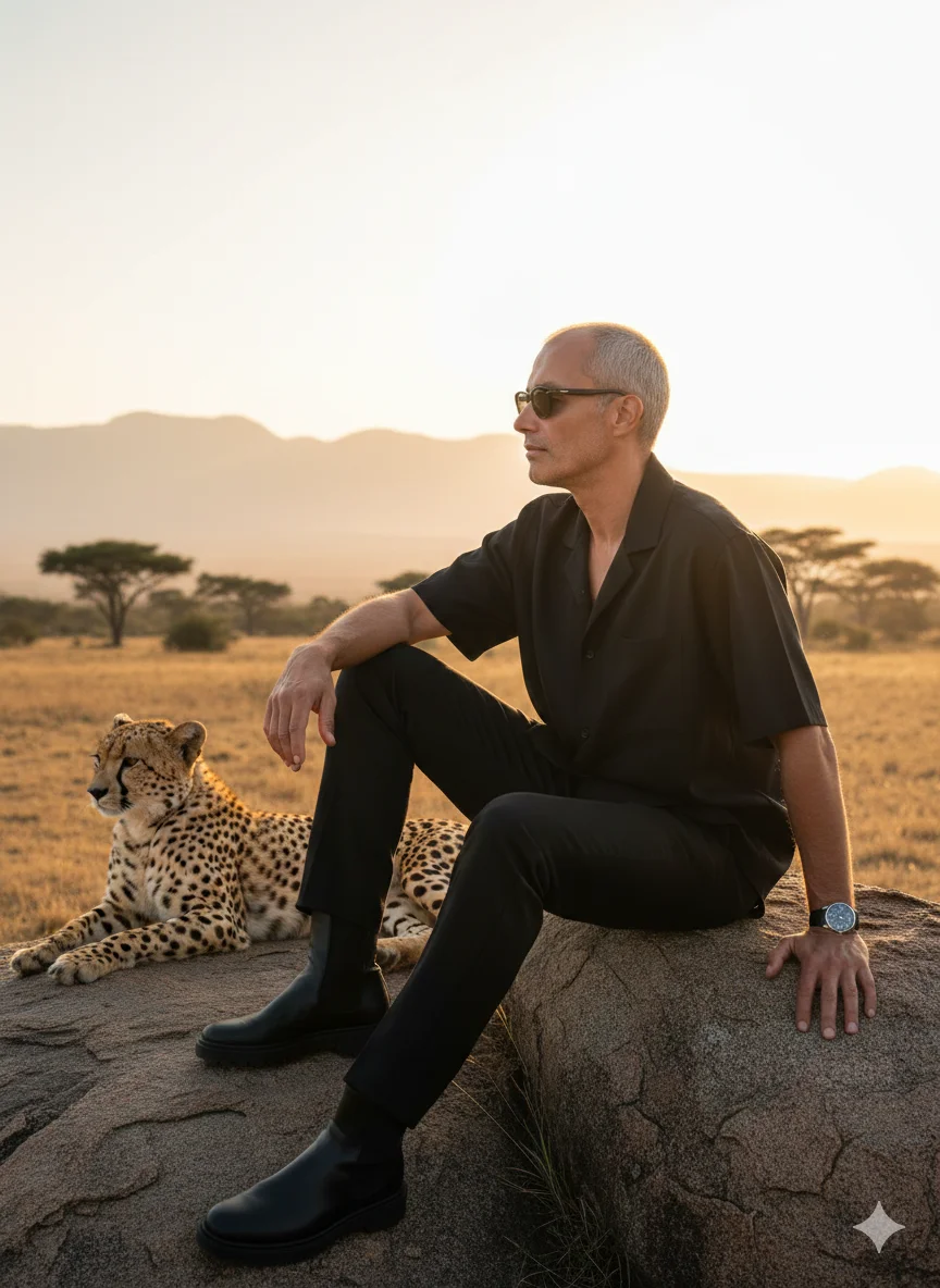 Мужчина в чёрной рубашке на скале в саванне с гепардом 