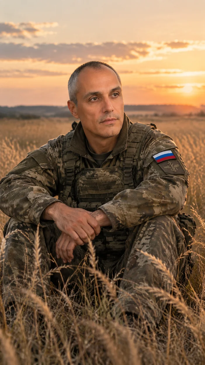 Фотосессия в золотом поле — мужчина в русской военной форме сидит среди сухой травы в задумчивой позе