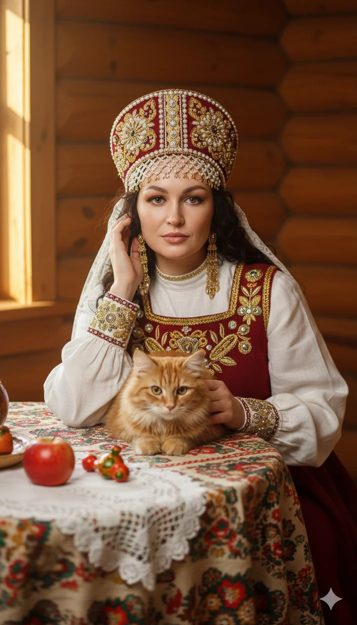 Женщина в богато украшенном кокошнике сидит за столом  с котом рыжим 