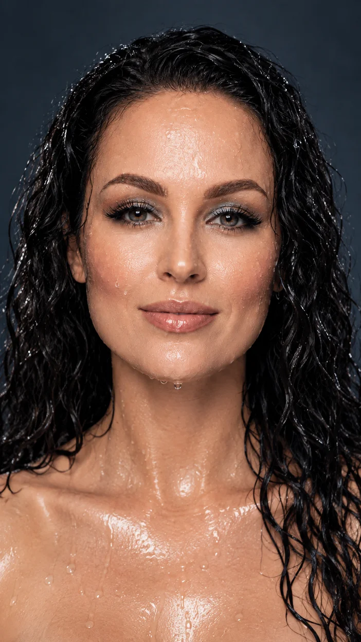 Фотосессия в студии wet‑look — фронтальный beauty‑портрет девушки с крупными каплями