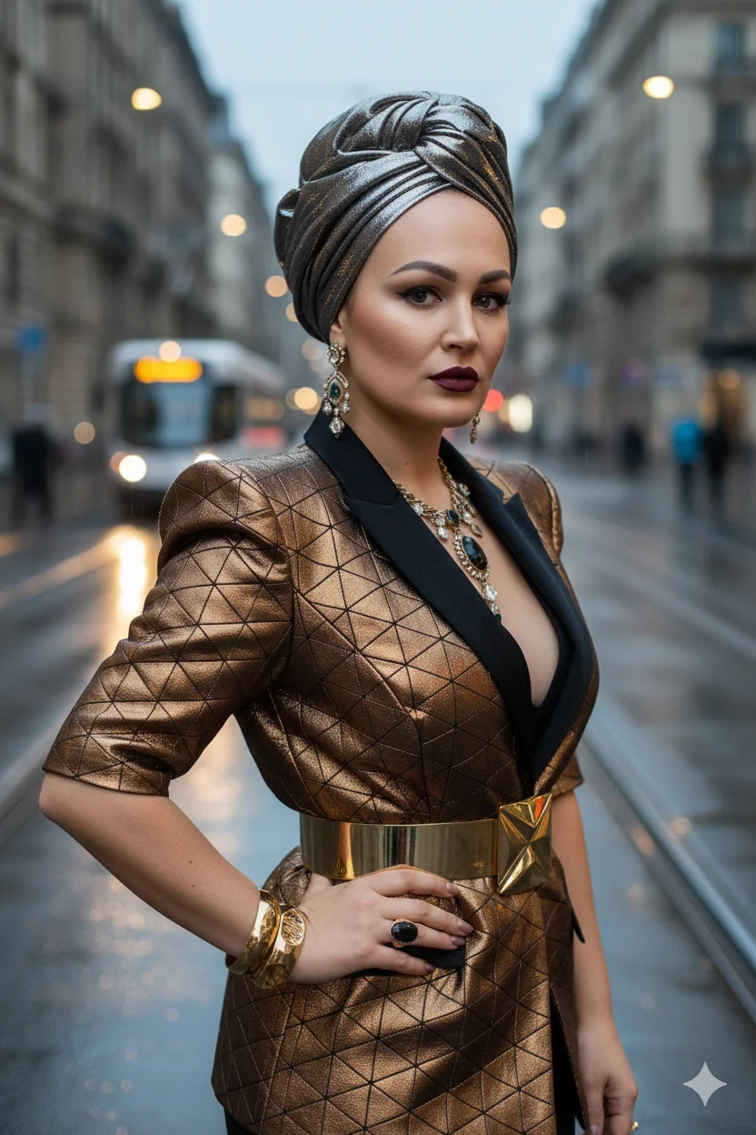 Женщина на мокрой городской улице в металлическом жакете и тюрбане