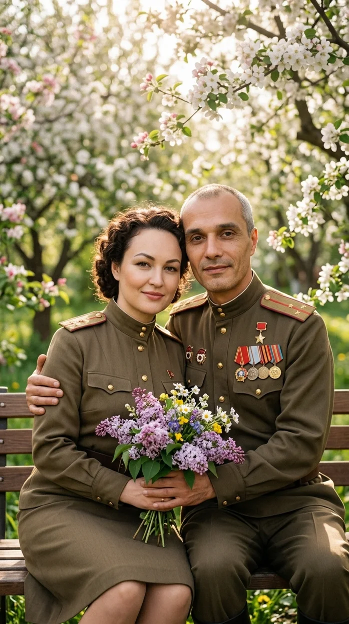 Фото на 9 мая мужчина и женщина в форме с цветами 