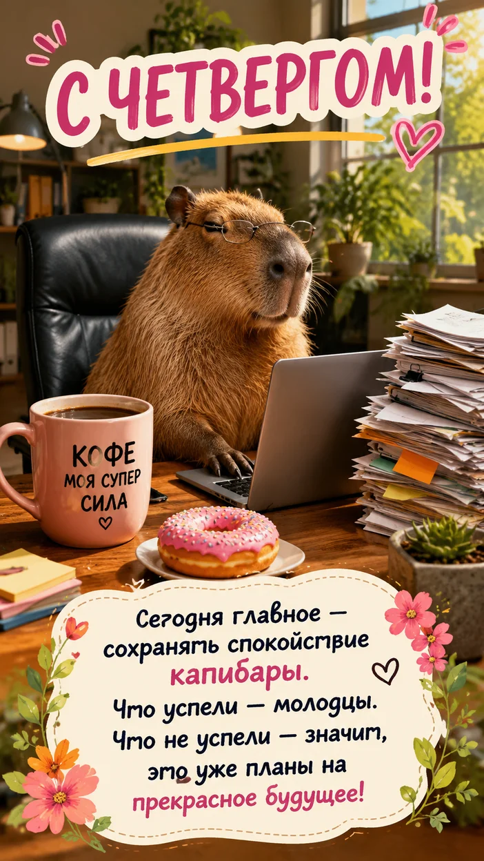 Фотооткрытка с капибарой в офисе с текстом «С ЧЕТВЕРГОМ!»