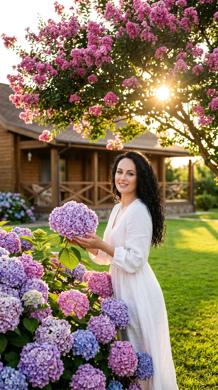  Роскошная cinematic garden photography сцена возле уютного загородного дома 