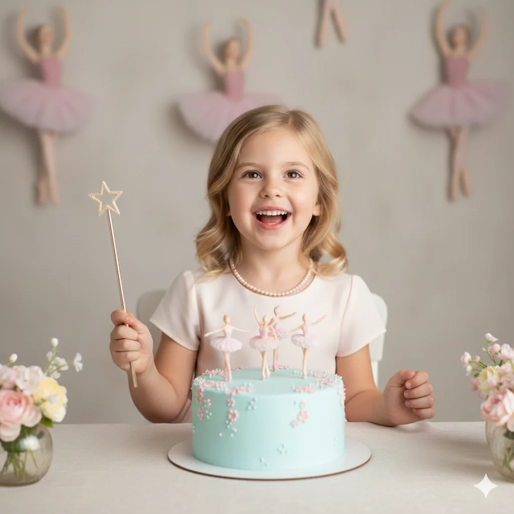 Маленькая девочка за праздничным столом с тортом и волшебной палочкой