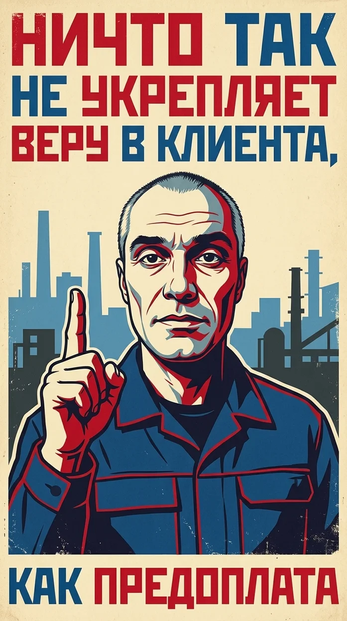 плакат в стиле СССР «НИЧТО ТАК НЕ УКРЕПЛЯЕТ ВЕРУ В КЛИЕНТА,» с вашим фото 