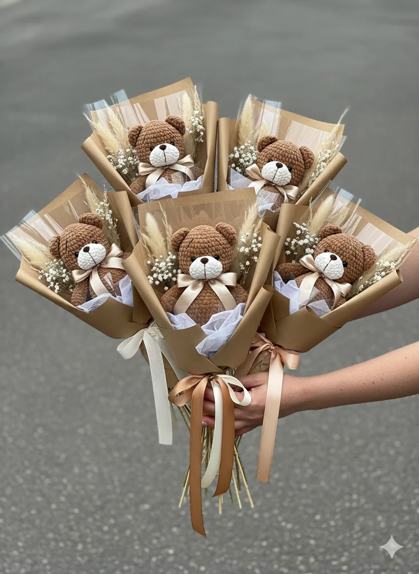 Ваше изделие  в крафтовых пакетиках и обёртках, собранных в букеты и удерживаемых руками.