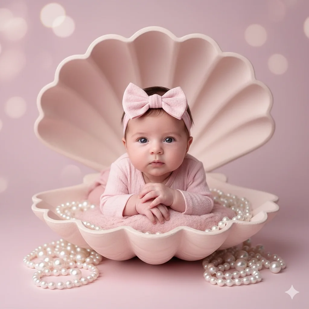 Малыш в раковине с жемчугом смотрит в камеру