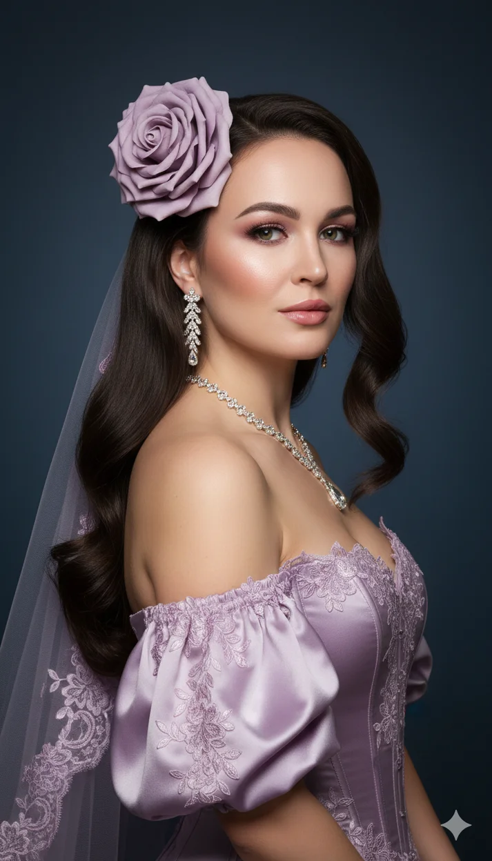 Девушка в лавандовом платье с кружевной фатой и розой в волосах