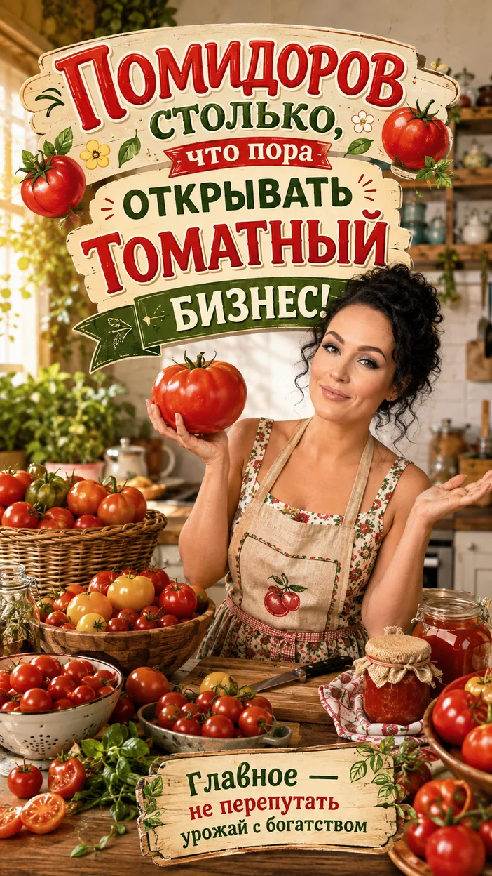 Фотооткрытка с текстом «Помидоров столько, что пора открывать томатный бизнес!»