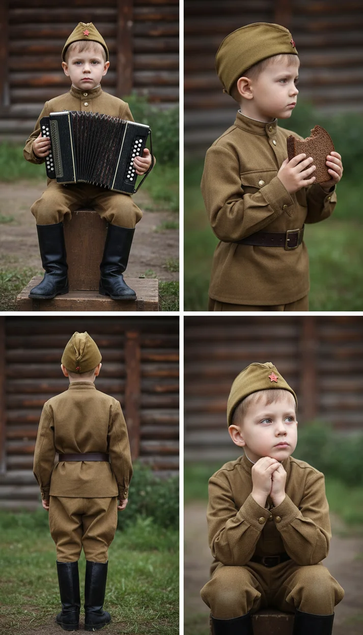  Коллаж из четырёх сцен ребёнок в военной форме 