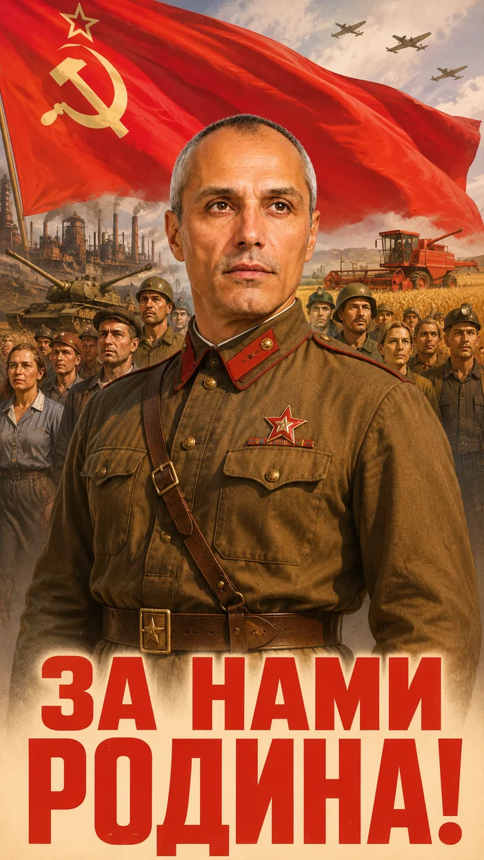 Фотосессия воина-лидера на фоне народа и заводов