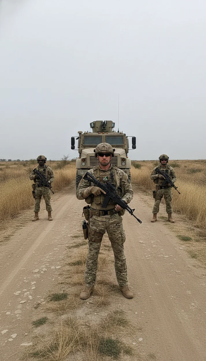 Военные у бронегрузовика,  СВО ИИ ФОТО 
