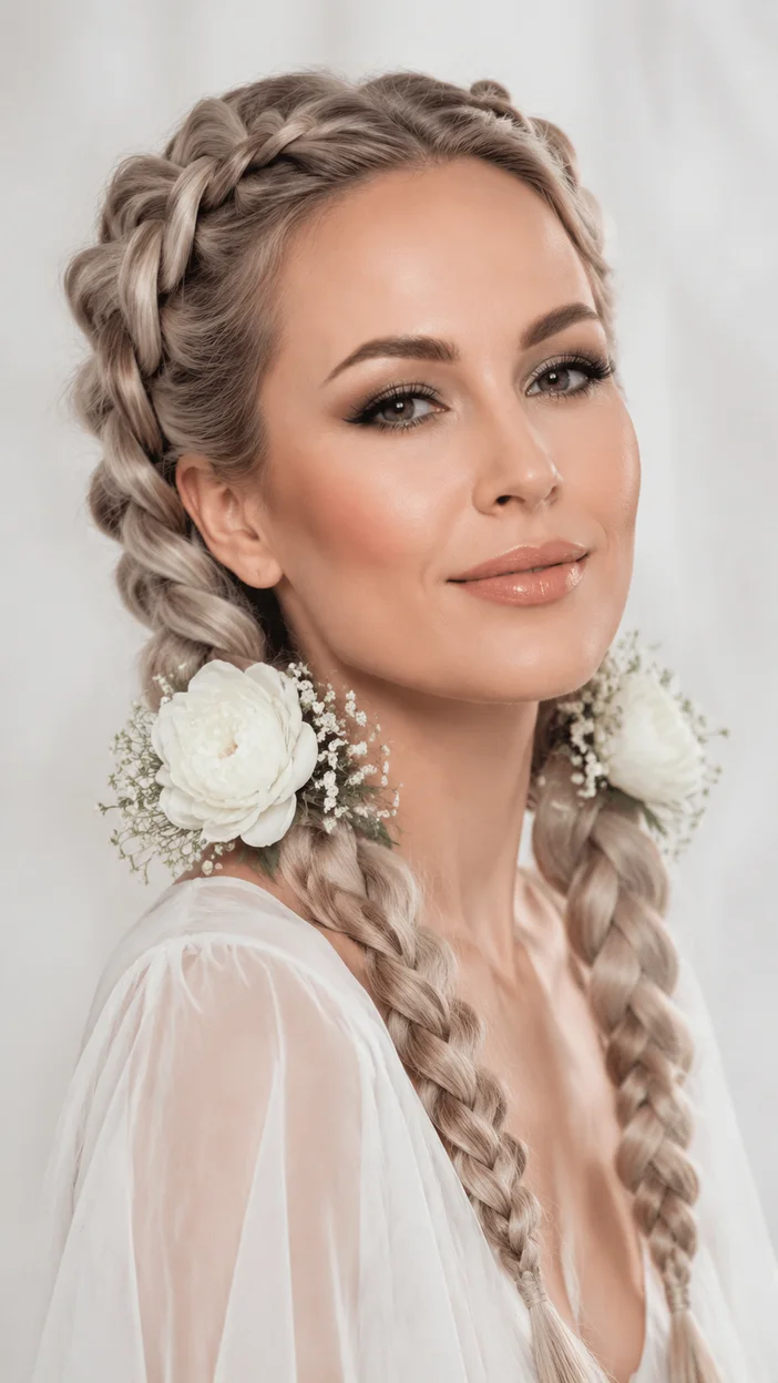 Фотосессия девушки с двумя длинными французскими косами в студии