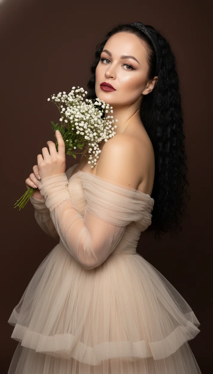 Женщина в прозрачном бежевом тюлевом платье держит букет