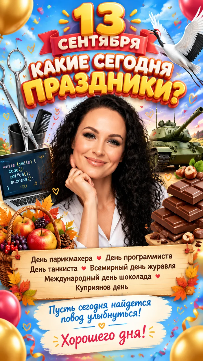 Фотосессия яркий праздничный баннер 13 сентября — какие сегодня праздники с парикмахером, программистом, танкистом, журавлем и шоколадом