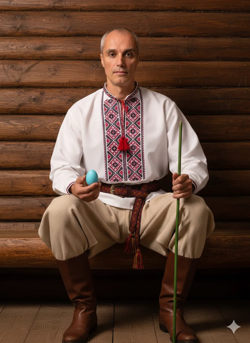 Мужчина в вышиванке и бежевых шароварах сидит у деревянной стены с пасхальным яйцом