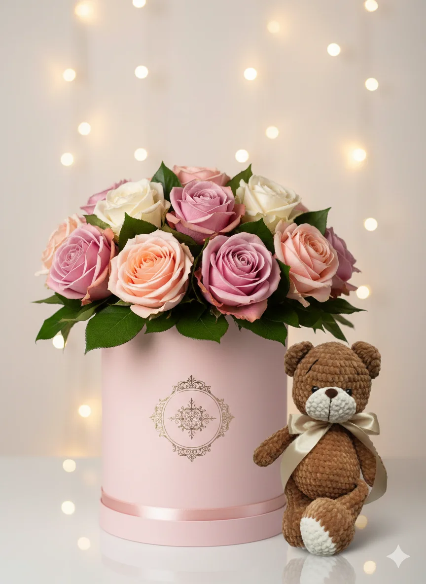 Ваше изделия рядом с красивой коробкой с цветами в нежном романтическом стиле