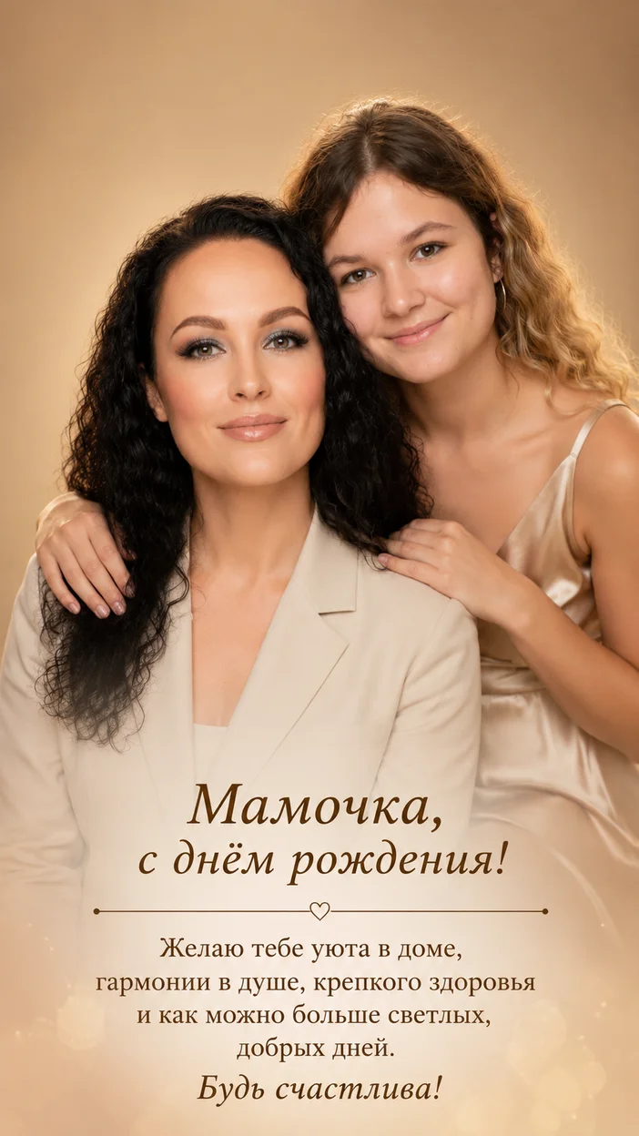 Фотосессия мама и взрослая дочка в бежевом портрете с атласом