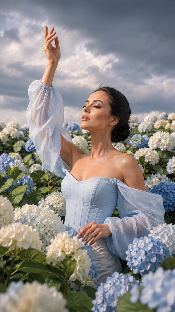 Фотосессия девушки в корсетном топе среди гортензий