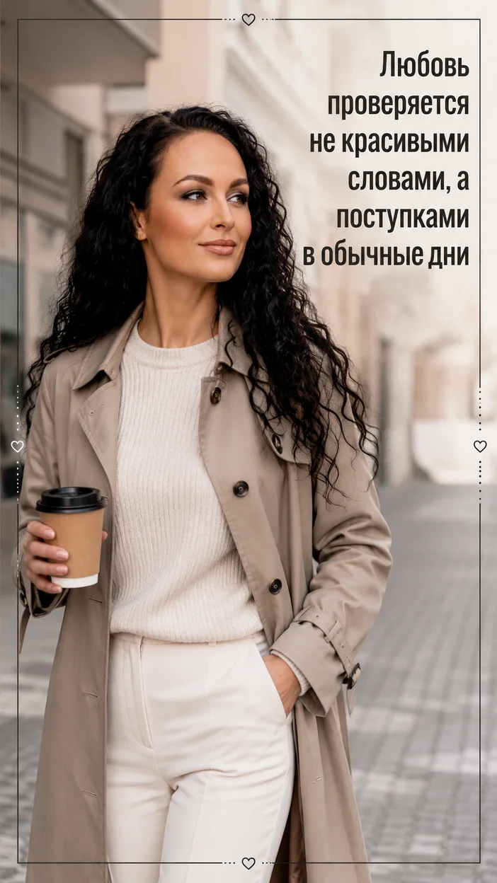 Фотооткрытка для возлюбленного с текстом "Любовь проверяется не красивыми словами, а поступками в обычные дни"