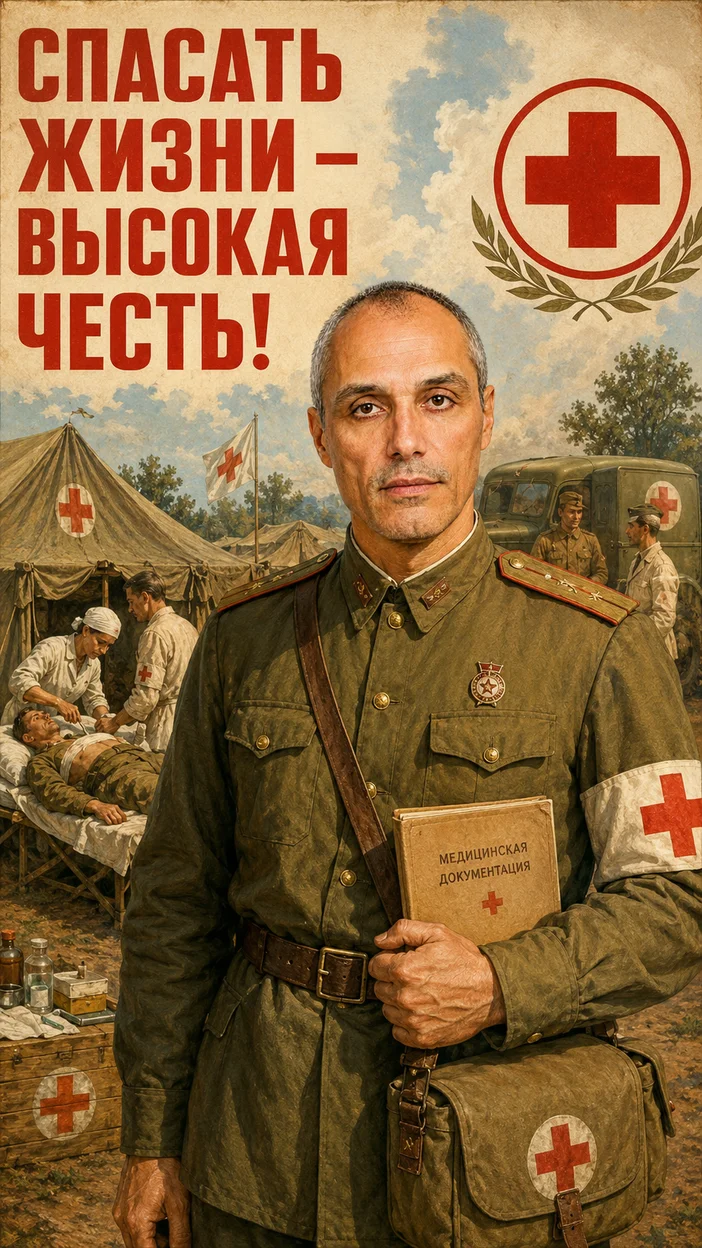 Фотосессия военного врача у полевого госпиталя
