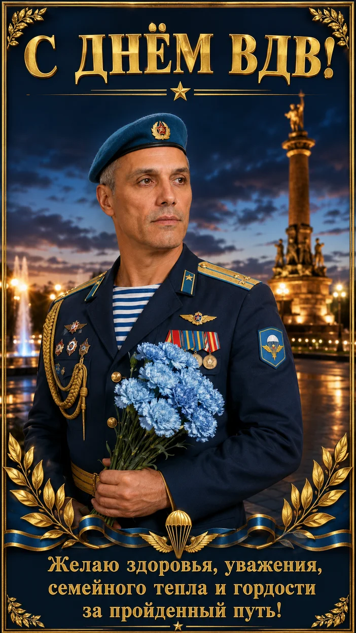Фотосессия торжественного ветерана у памятника — сине‑золотая открытка