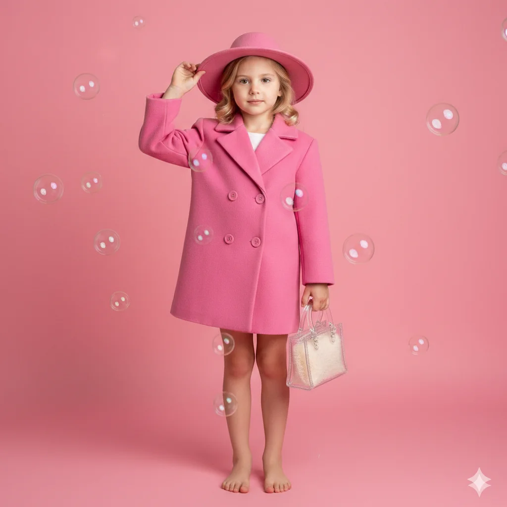 Девочка в студии в розовом пальто и шляпе стоит на розовом фоне с пузырями