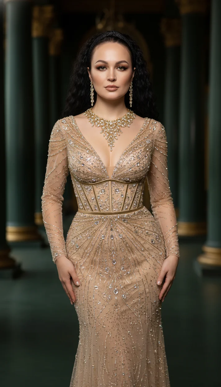 Женщина в роскошном золотом платье с прозрачными рукавами