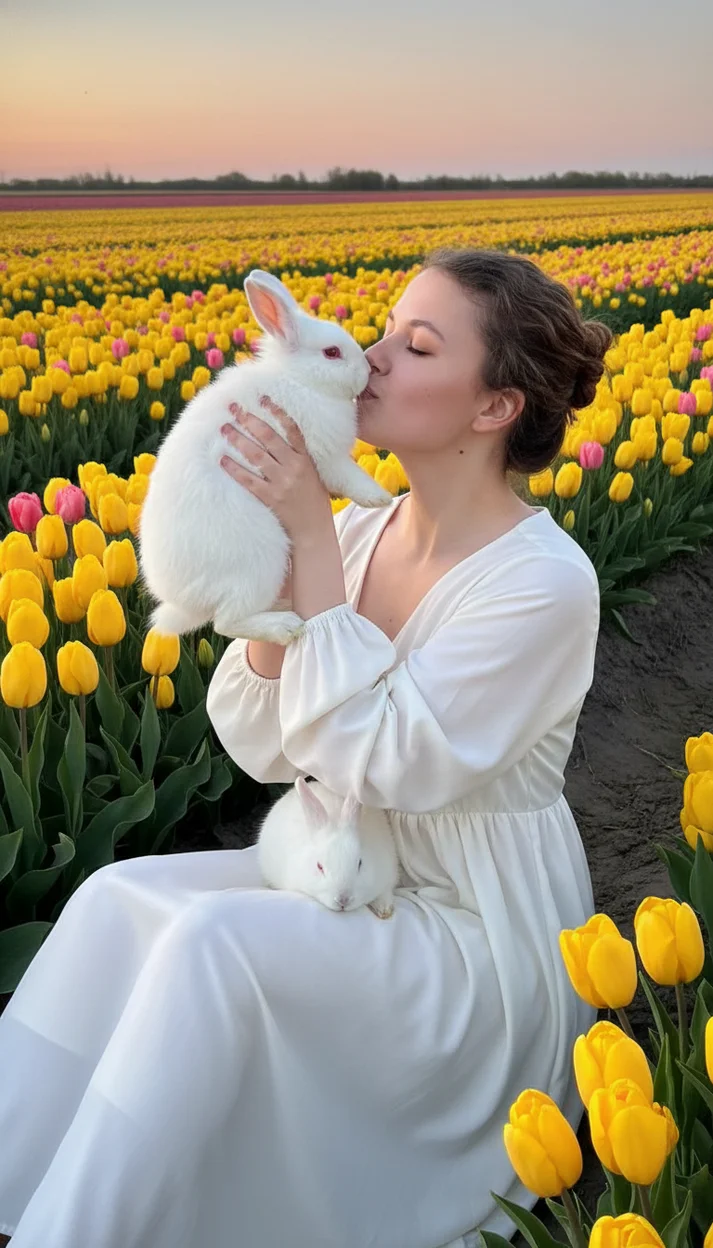 Девушка в поле тюльпанов в светлом платье 