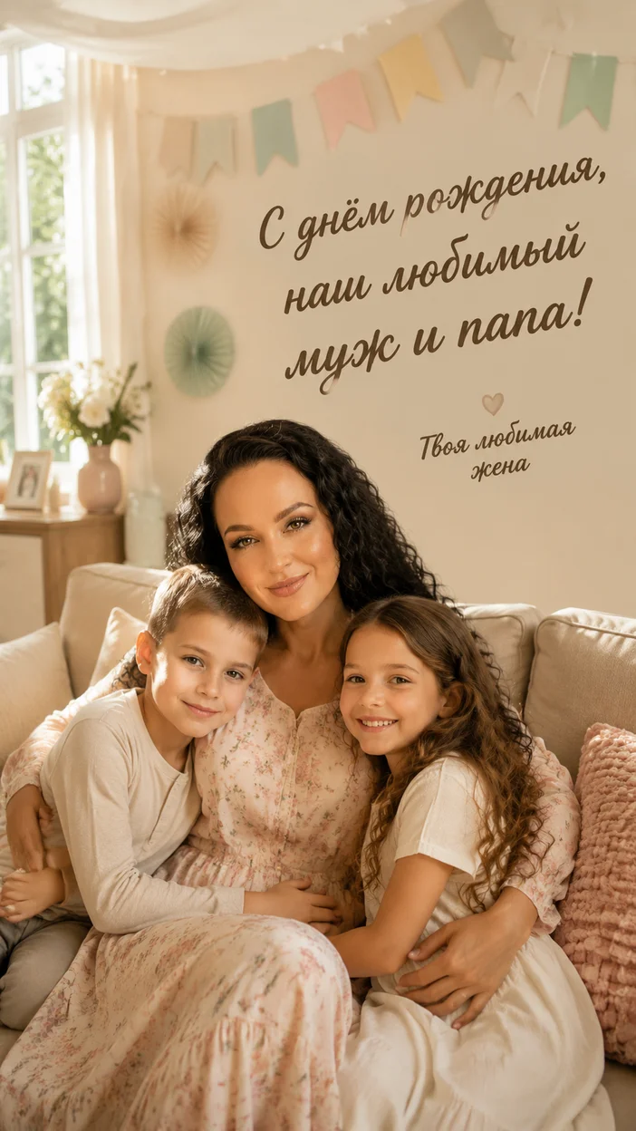 Фотосессия мама с детьми в солнечной светлой гостиной — семейная открытка
