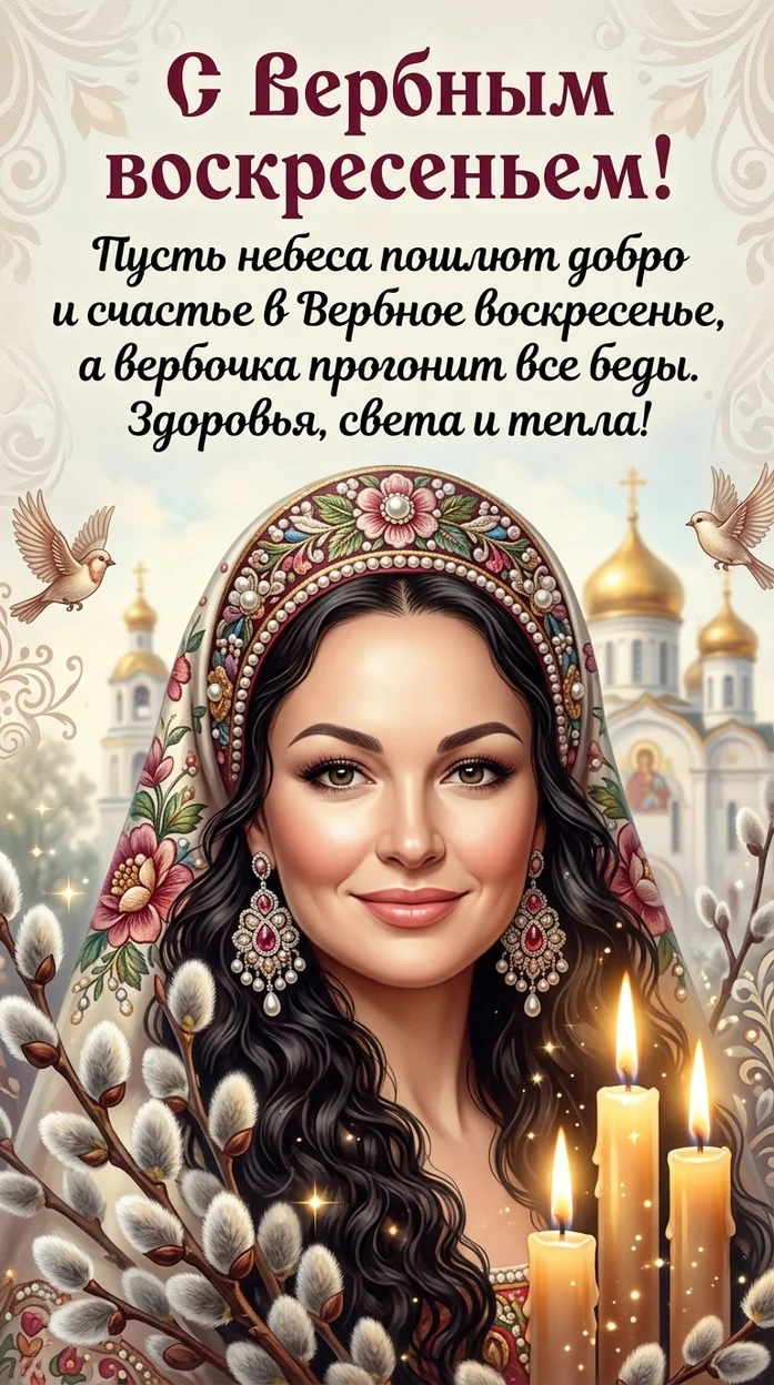 Открытка Вербное воскресенье с девушкой в русском стиле и свечами