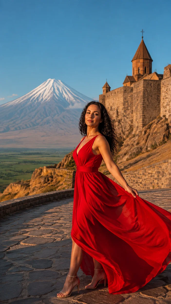 Фотосессия женщины в красном платье у Хор Вирапа