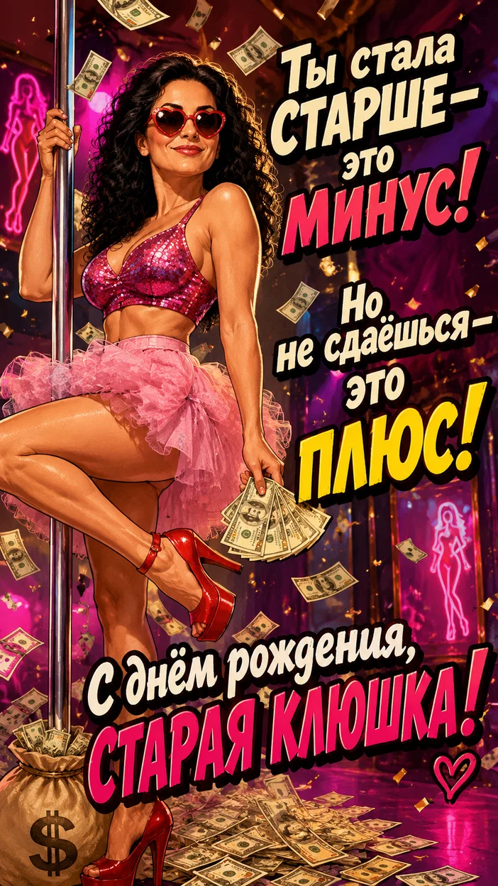 Фотосессия эксцентричной женщины у шеста с подписью про возраст