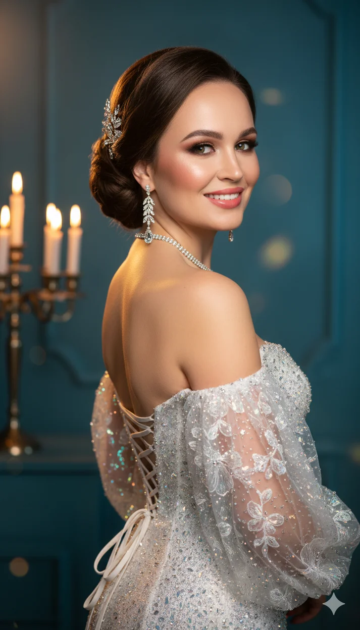 Девушка в мерцающем платье с открытой спиной