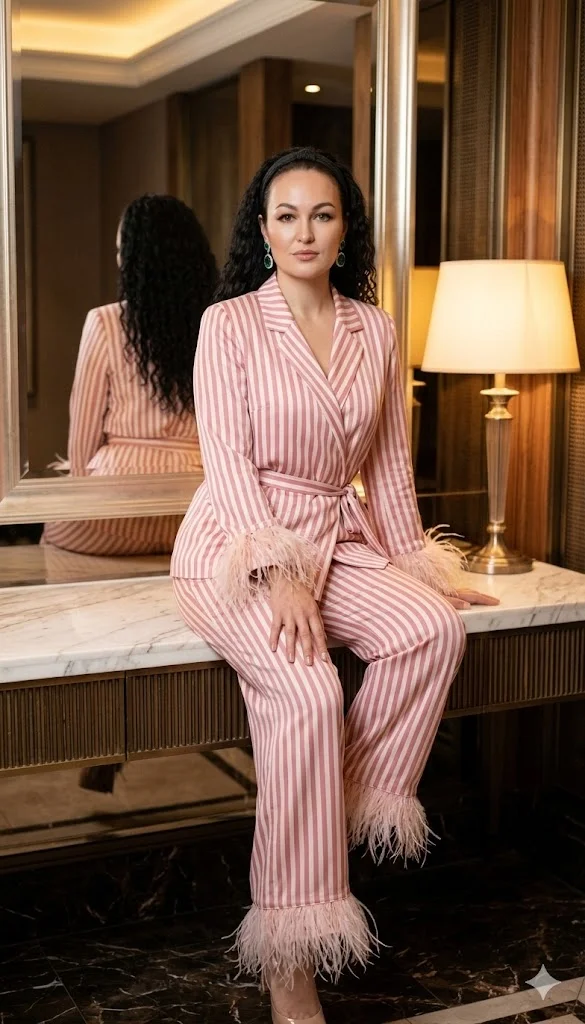 Женщина в розово-белом полосатом костюме сидит на туалетном столике перед зеркалом