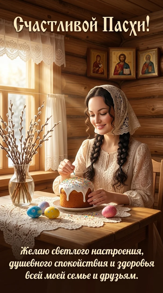 Праздничная пасхальная открытка в тёплом русском стиле