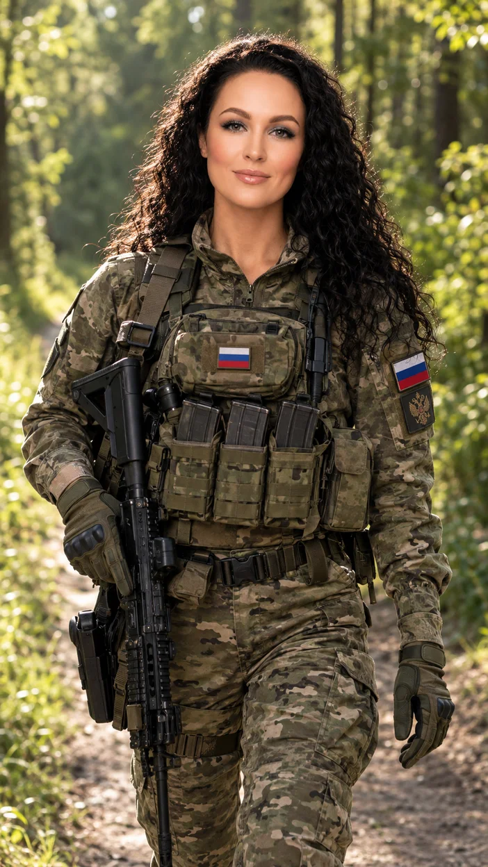 Фотосессия на лесной дороге — девушка идёт в современной русской военной форме с подсумками