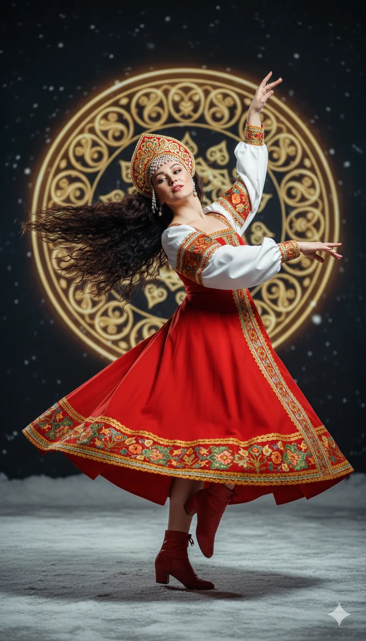 Девушка в красном народном платье в танце