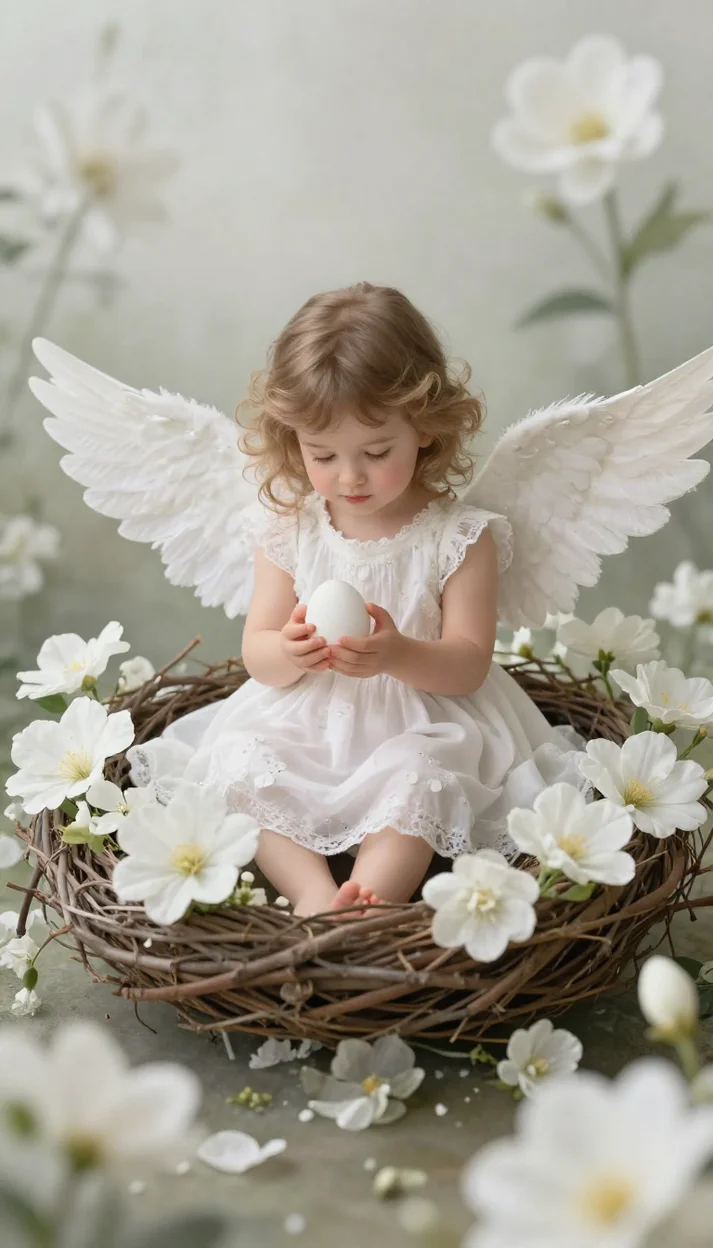  Ангельская девочка в гнезде с белыми цветами фотореалистичная художественная сцена