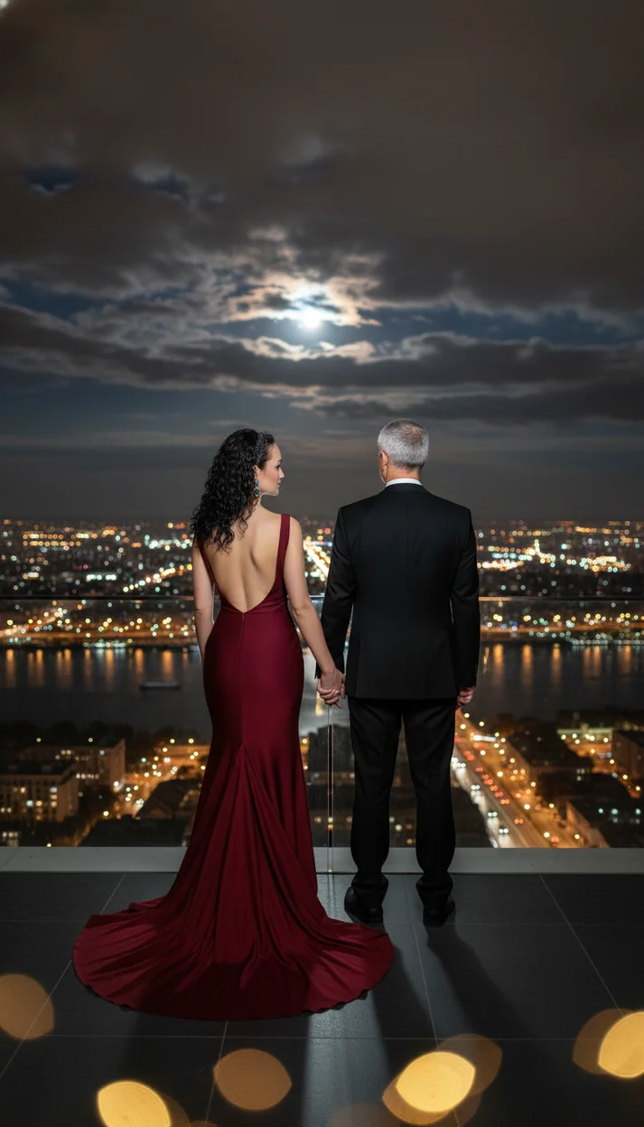 Пара на панорамной террасе ночного города