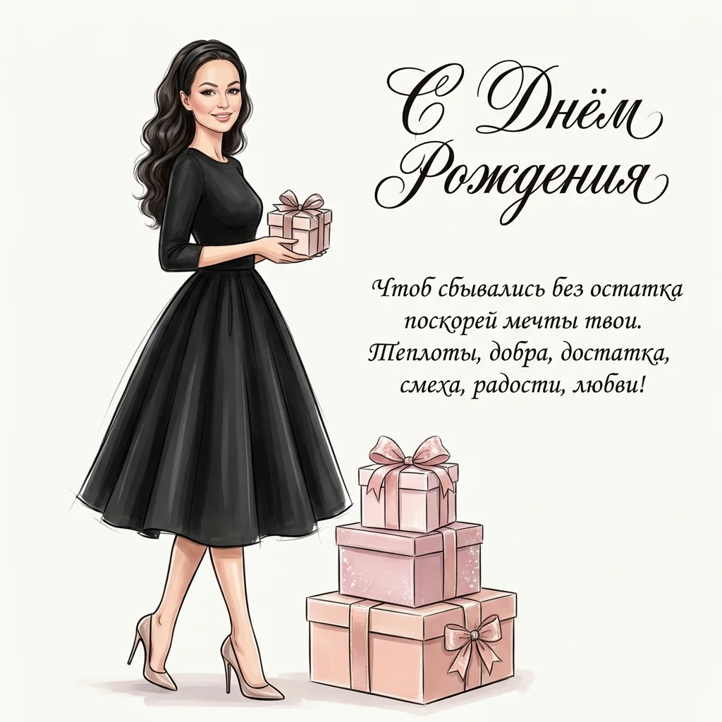 С Днём Рождения — элегантная девушка с подарками открытка 