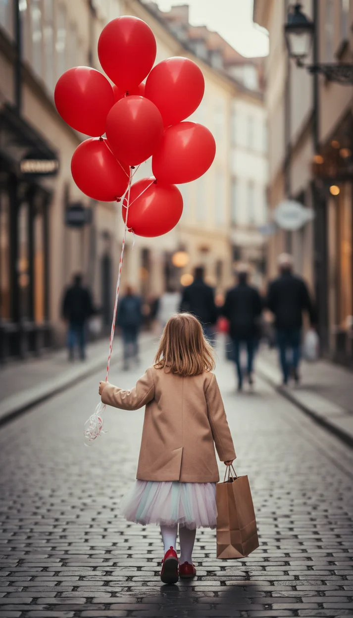  Ребёнок с красными шарами на городской улице