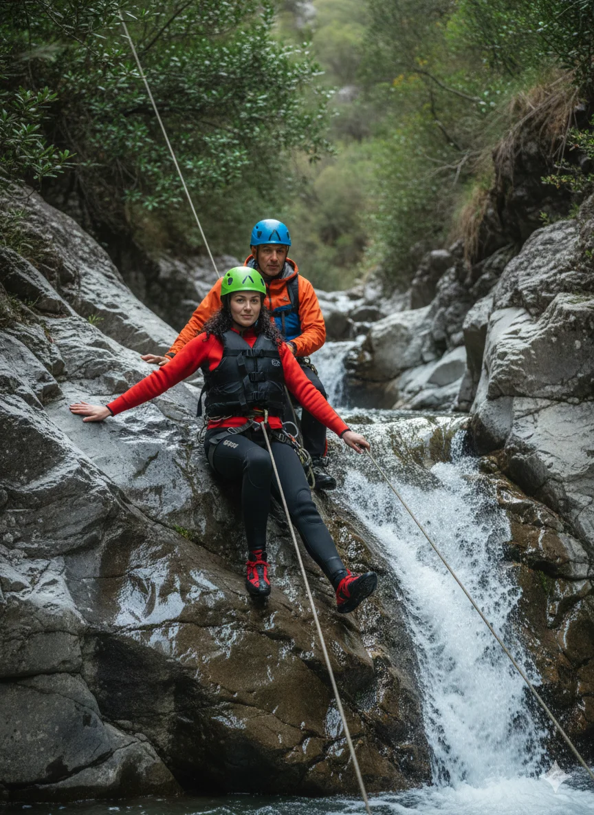 Двое в касках спускаются по мокрой скале у водопада