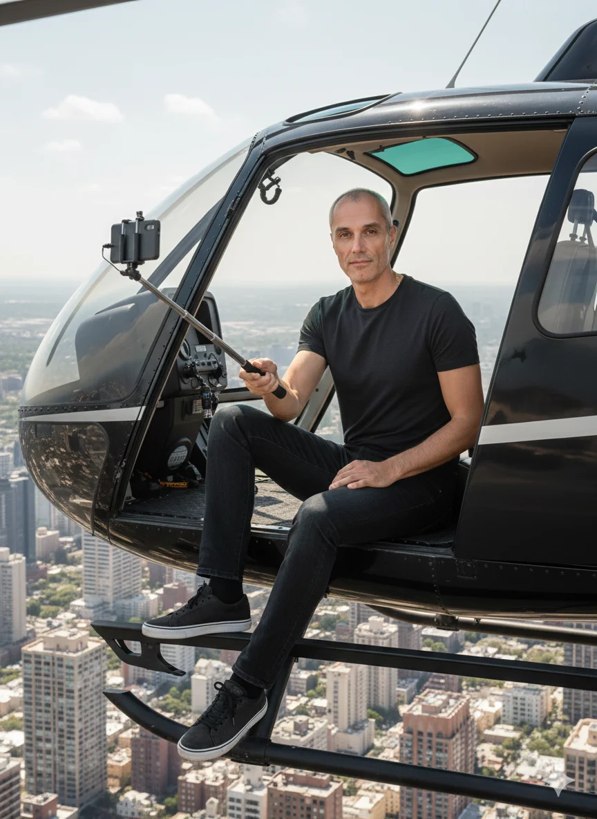 Мужчина в тёмной футболке сидит в проёме вертолёта над городом держит селфи-штатив