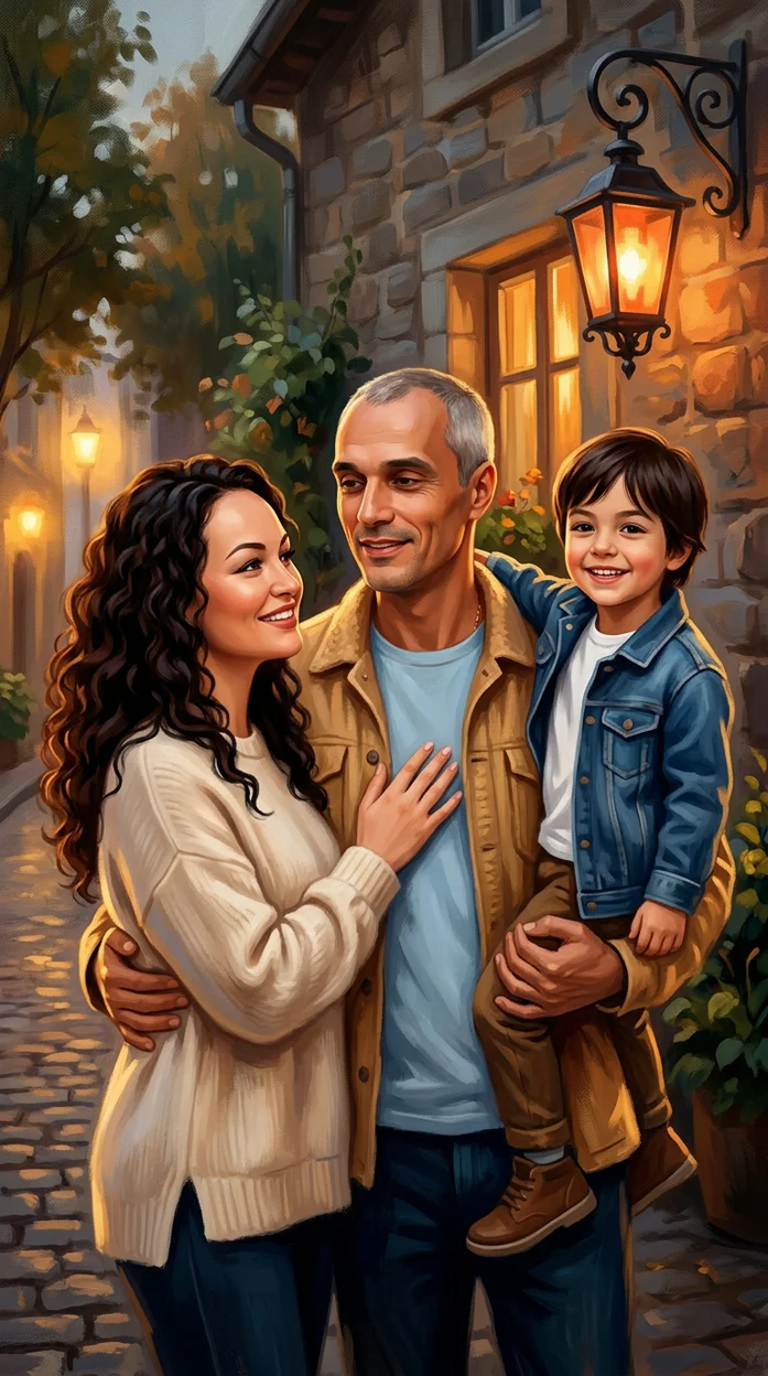 художественная family-illustration с мягкой живописной прорисовкой