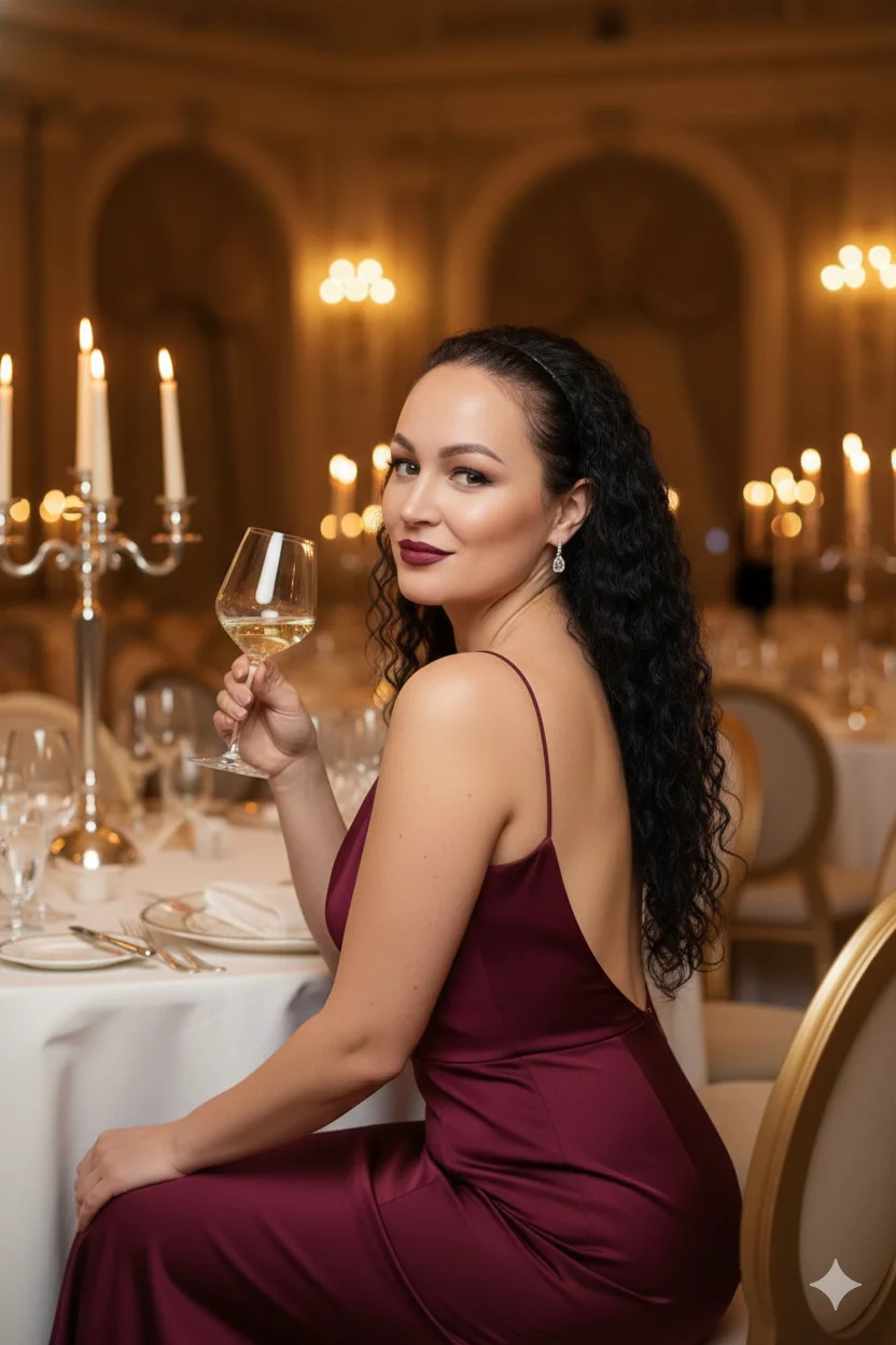 Женщина в роскошном зале в бордовом вечернем платье