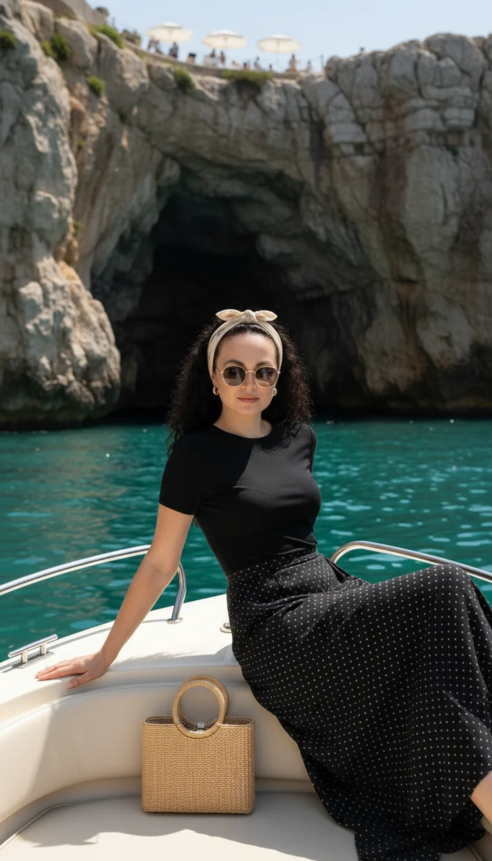  Девушка   на носу лодки у скалистой пещеры 